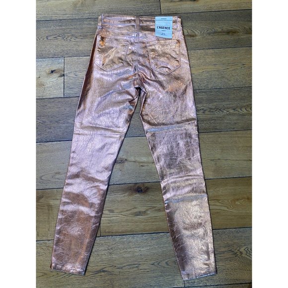 L'Agence Margot Light Rose Gold Foil High Rise Skinny Jeans Women's Size 25 - Picture 10 of 12